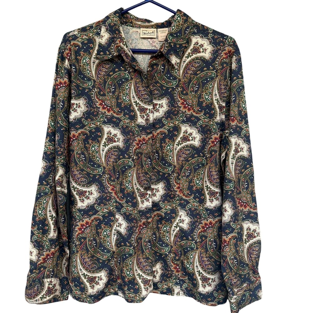 Woolrich Shirt Womens Large Blue Paisley Button Front Collared Top Long Sleeve